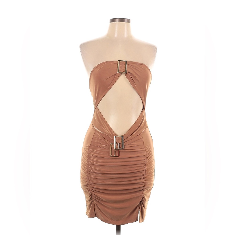 PrettyLittleThing Tan Ruched Strapless Bodycon Dress